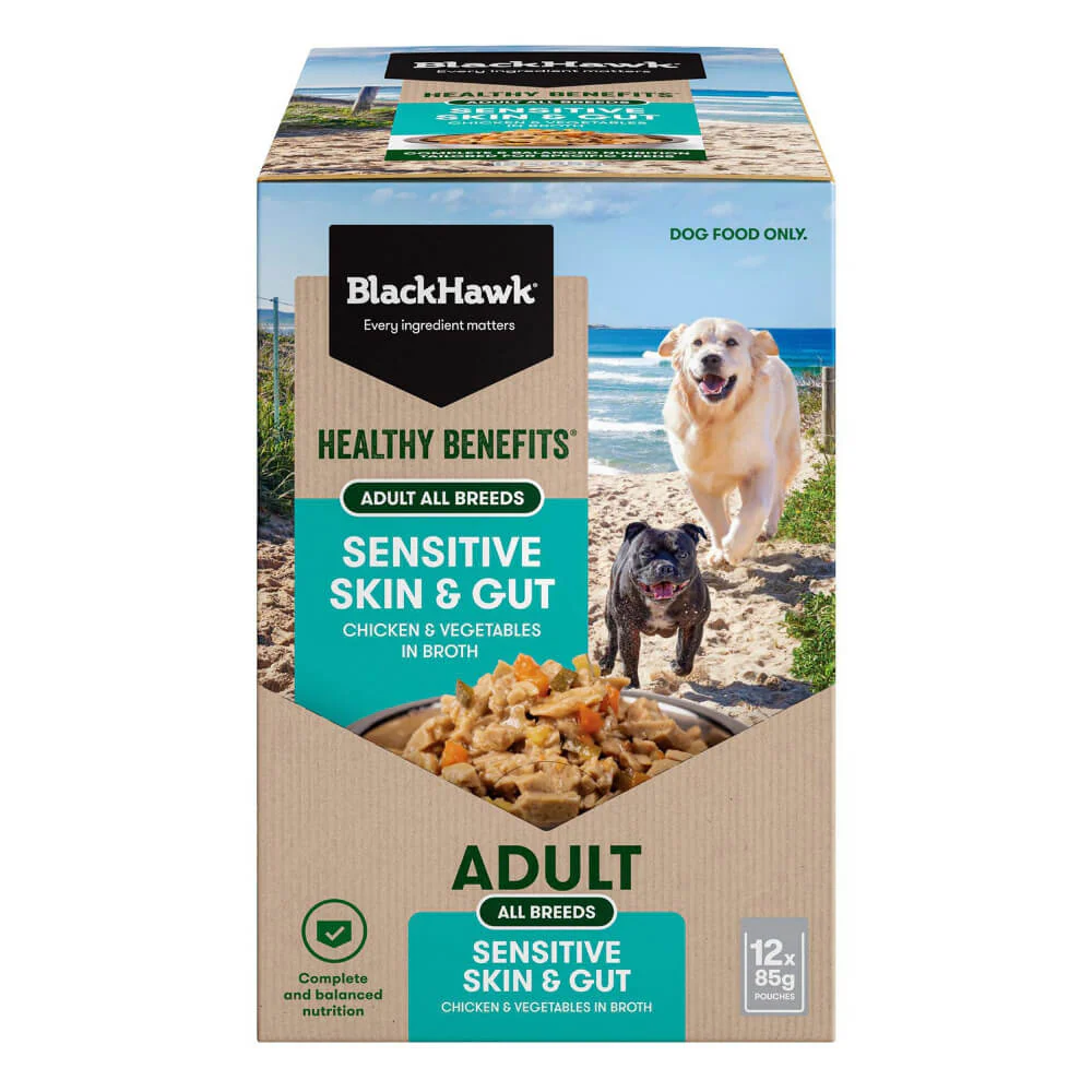 BLACK HAWK Healthy Benefits Sensitive Skin And Gut Wet Dog Food Pouches 85G x 12